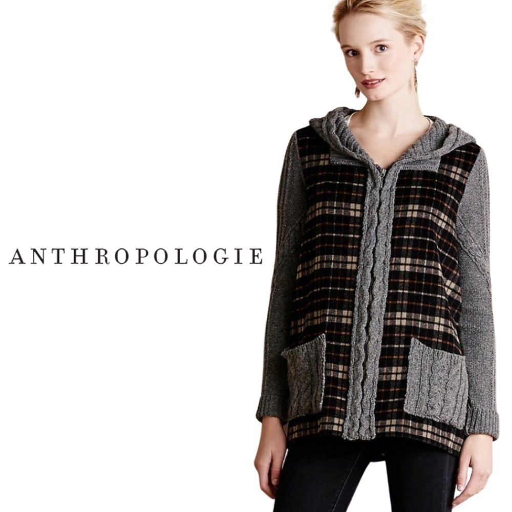 Anthropologie MOTH Derry Jacket Plaid Hooded Sweater Knit - Size Small